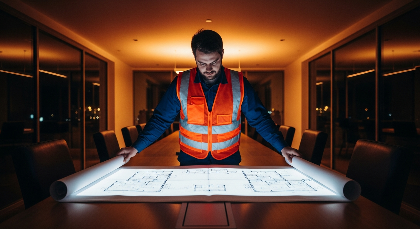 Expert analysant plan évacuation incendie entreprise